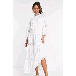 Asos Maxi Dress Matetea Puff sleeve white Size 14 Cotttage Core